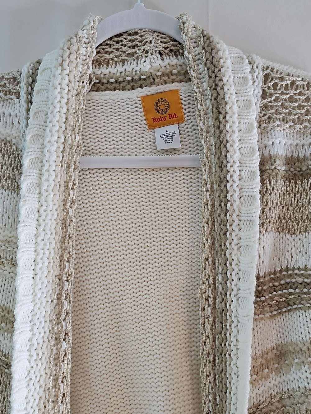 Ruby Rd. Cream and Tan Striped Open-Front Fringe Cardigan - Picture 2 of 6
